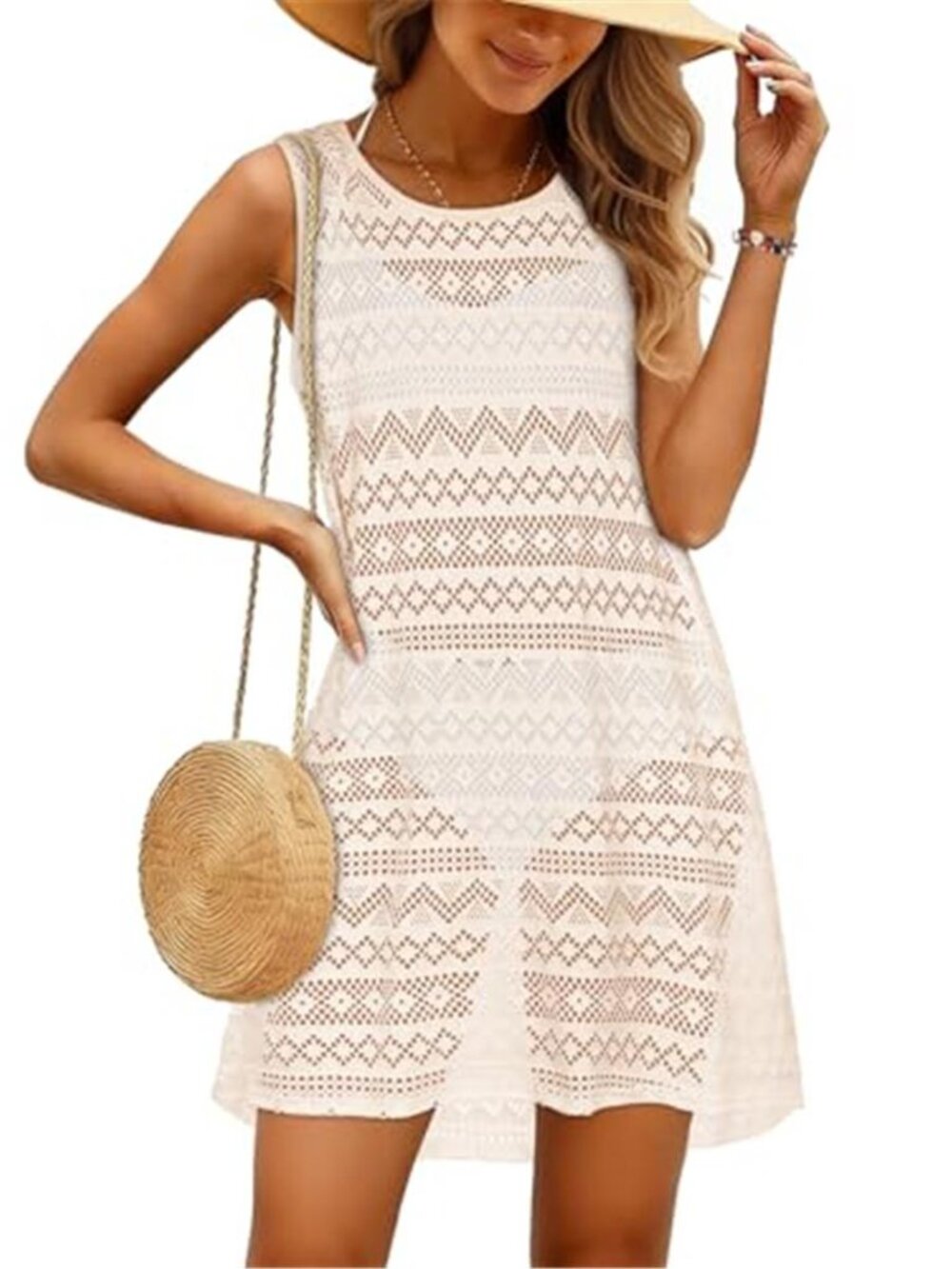 CHICGAL Beige Crochet Swim Cover Up Sleeveless Hollow Out Beach Mini Dress